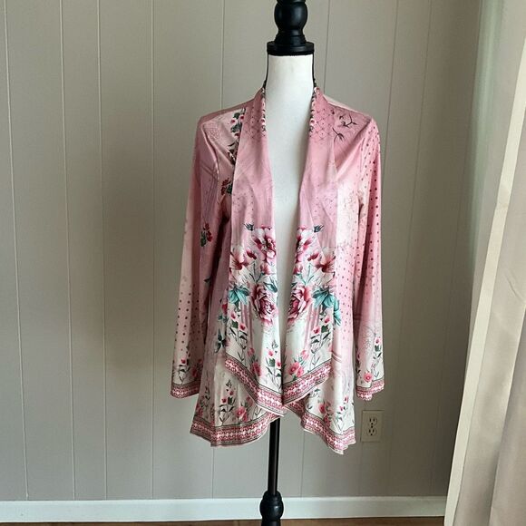 Unbranded Womens Kimono Pink Floral Open Front Cardigan Large - Picture 8 of 14